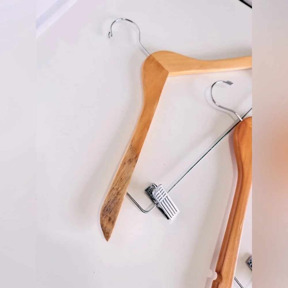2 VINTAGE Wooden Slacks Pants & Skirt Hangers - Light Wood & Chrome Clamps